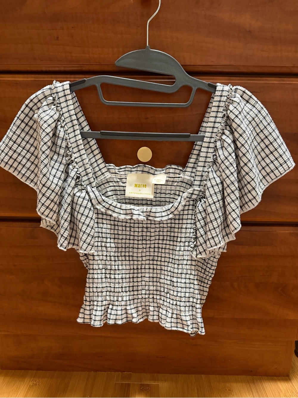 Anthropologie Black and White Gingham Smocked Crop Top
